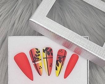 Press-on nails, matte nails, red nails, yellow nails, abstract nails, stiletto nails, leaf nails, handpainted nail, reusable nail, faux nail