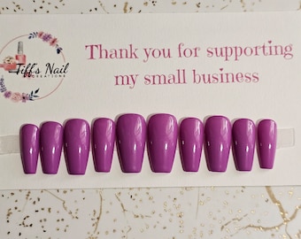 Press-on nails, Ready to ship, purple nails, medium length coffin, gel nails, handpainted nails, custom nails, reusable nails, fake nails