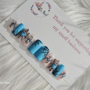 Ready to ship Halloween nails, nude,blue, spiderwebs, rhinestone spiders, short square, size small, apres, gel polish, reusable, handpainted