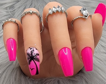 Press-on nails, pink nails, hot pink nails, beach nails, summer nails, palm trees,  glue-on nails, reusable nails, handpainted nail art, gel