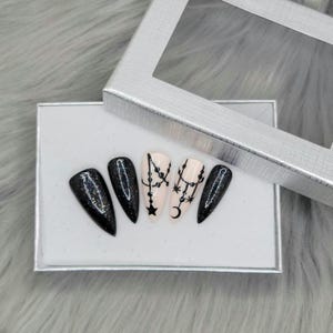 Black witchy press-on nails, Halloween nails, moon nails, star nails, long stiletto nails, reusable nails, goth nails, glue-on, handpainted