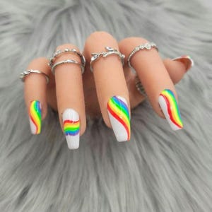 Press-on nails, pride nails, LGBTQ nails, rainbow nails, handpainted, custom made, reusable nails, glue on nails, white nails, false nails,