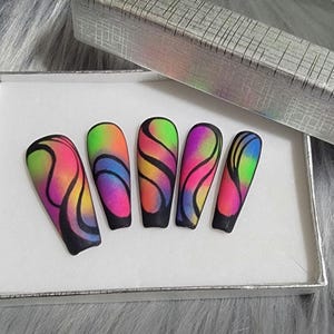 Handpainted Neon Rainbow Press-On Nails, Abstract Coffin Nails