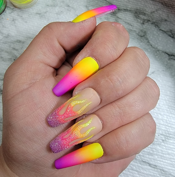 Neon Rainbow Press-On Nails Flame Nails Ombre Nails Purple - Etsy Finland