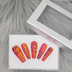 Pink and orange cheetah print nails, zebra print nails, ombre press-ons, neon nails, matte coffin nails, handpainted nail art, glue-on nails