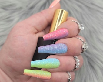 Pastel press-on nails, sugar glitter nails, rainbow press-ons, vertical pastel gradient nails, handpainted, ombre press-on nails, reusable