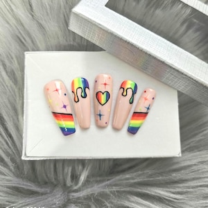 Press-on nails, pride nails, LGBTQ nails, rainbow nails, handpainted, rainbow heart, rainbow drips, reusable, glue on nails, Apres, gel nail