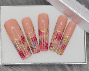 Press on nails, pink rose nails, french tip, beige base, gold-lined, extra long, fake nails, false nails, reusable nails,  gel press-ons