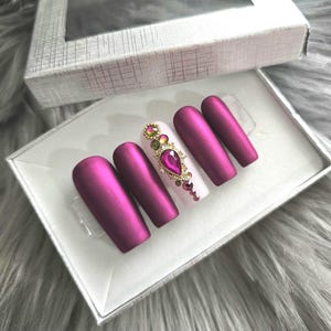 Pink chrome press ons, hot pink chrome, matte finish, pink and  gold rhinestone accent nail, handpainted, gel, reusable nail, glue-on nail