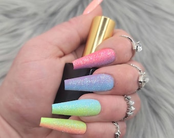 Pastel press-on nails, rainbow press-on nails, rainbow nails, coffin nails, gradient nails, handpainted, ombre press-on nails, reusable nail