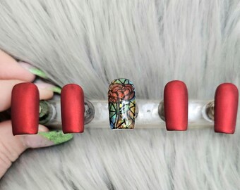 Red Chrome Press On Nails, Matte Finish, Rose Stained Glass Accent