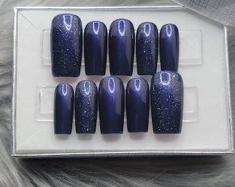 Blue press on nails, midnight blue, navy press ons, royal blue, glitter accents, winter nails, holiday nails, long coffin, reusable, glue-on