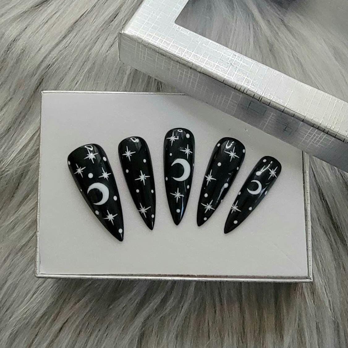 Black witchy press-on nails, Halloween nails, moon nails, star nails, long stiletto nails,reusable nails, celestial  press-on,glue-on nails,