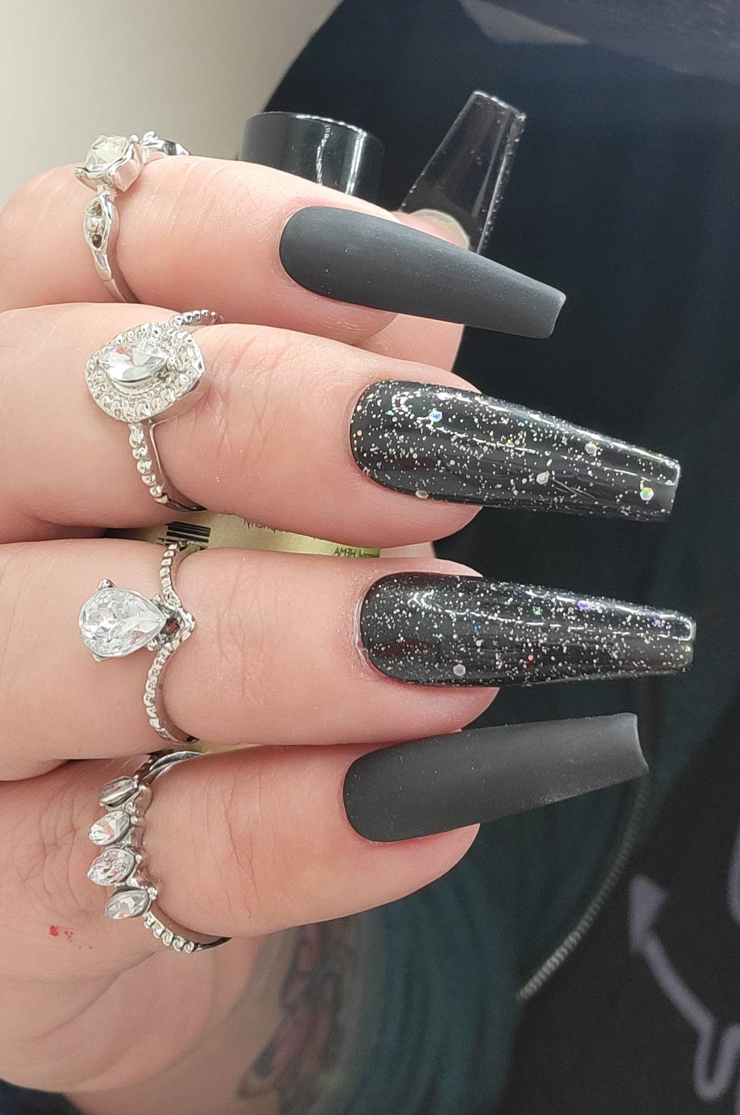 Press on Nails, Matte Black Nails, Black Press-ons, Glitter Nails, Fake Nails, Reusable Nails