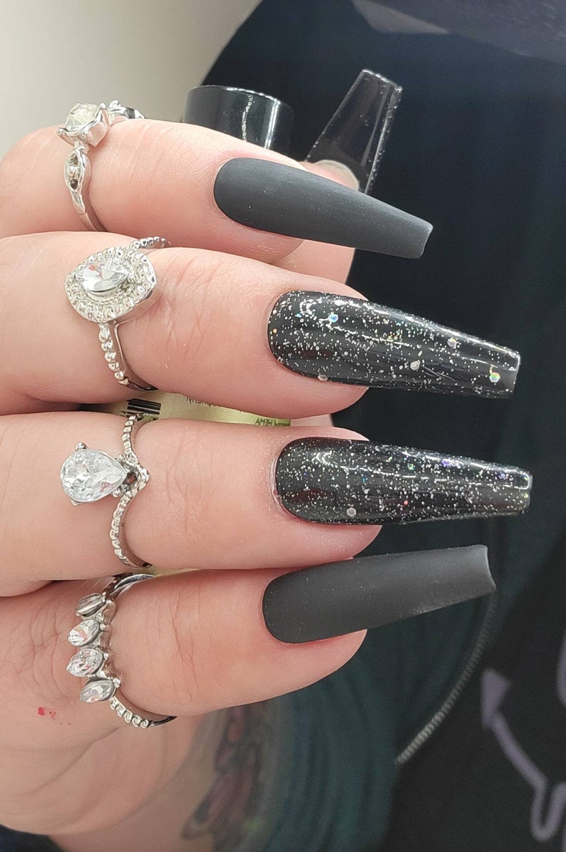 Press on Nails Matte Black Nails Black Press-ons Glitter - Etsy