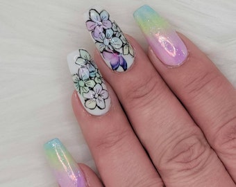 Press-on nails, pastel nails, ombre nails, floral, butterflies, Spring nails, rainbow nails, glue-on nails, reusable nails, made to order