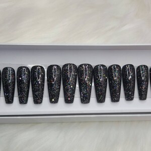 Press on Nails, Matte Black Nails, Black Press-ons, Glitter Nails, Fake Nails, Reusable Nails