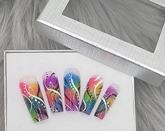 Luxury press-on nails, handpainted nail art, neon nails, rainbow nails, abstract nails, long nails, square nails, nineties nails, reusable