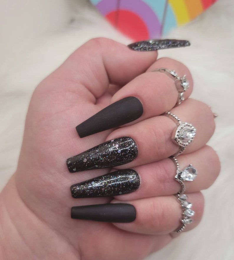 Press on Nails Matte Black Nails Black Pressons Glitter Etsy