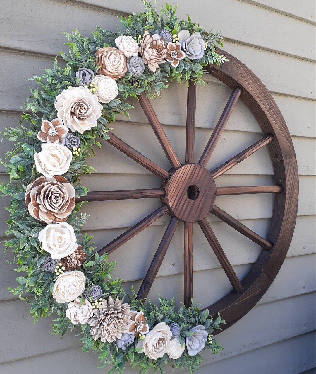 Wood Flower Wagon Wheel Wreath Year Round Wreath Everyday Wreath Il 1080xN.3625440542 Gfpo