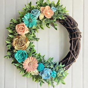 Handmade Wood Flower Wreath: 14&quot; Grapevine Door Decor