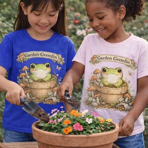 Garden Gremlin Frog Kids Tee | Cute Frog in Planter, Mushrooms, Nature