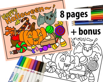 Halloween coloring pages for kids, Halloween party activity, Halloween pumpkin with candies and bat, DIGITAL DOWNLOAD