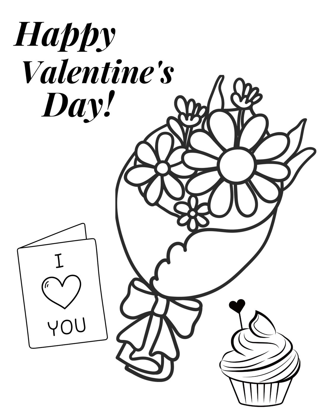 Happy Valentine's Day Flower Bouquet Coloring Page Etsy