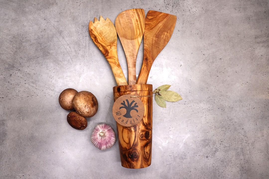 Utensil Set and Holder Handcarved of Olivewood. Spoon Spork Spatula Holder. Food Safe and 100