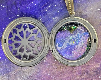 Purple Galaxy Locket, Nebula Necklace - Hand-Painted and OOAK