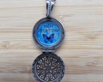 New Creation Painted Butterfly Locket, Hand-Painted, Resin-Protected Silver Necklace