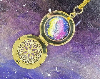 Painted Galaxy in Golden Locket, Hand-Painted Nebula Pendant for Stargazer
