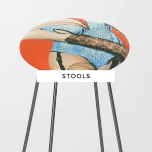 May include: A stool with a round, orange and blue patterned seat and black metal legs. The seat features a vintage image of a woman in a blue dress. The text "STOOLS" is printed on a white label below the seat.