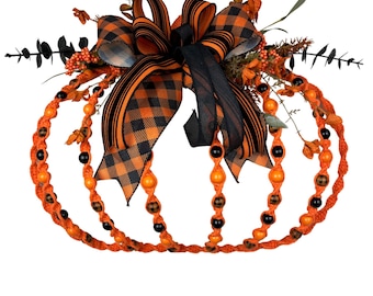 Boho Beaded Black and Orange Halloween Pumpkin shaped wreath for home decoration, Country rustic  fall macramé beaded pumpkin decor.