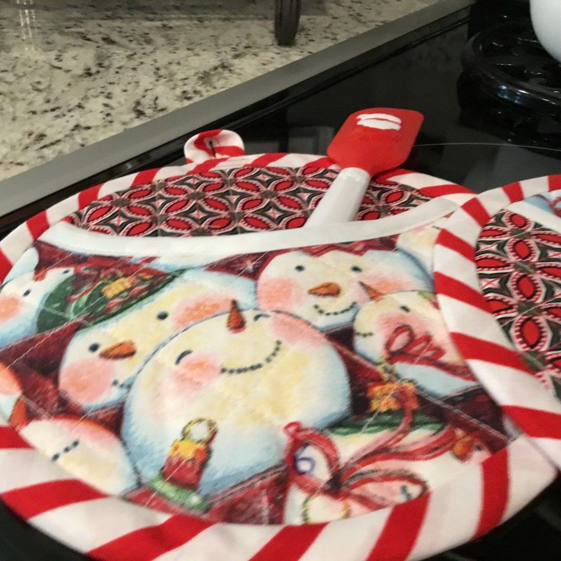 Snowman Potholders Handmade Quilted With Pocket Peppermint Etsy