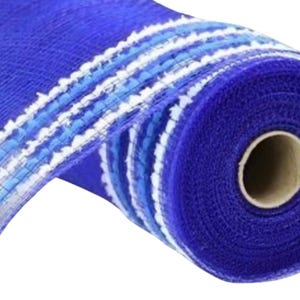 May include: A roll of royal blue mesh ribbon with white and blue stripes. The ribbon is 10 inches wide and is perfect for crafting and decorating.