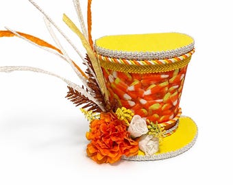Candy Corn Flat Back Top Hat Wreath Attachment, Halloween Top Hat Decor, Candy Corn Decor, Fall Wreath Attachment