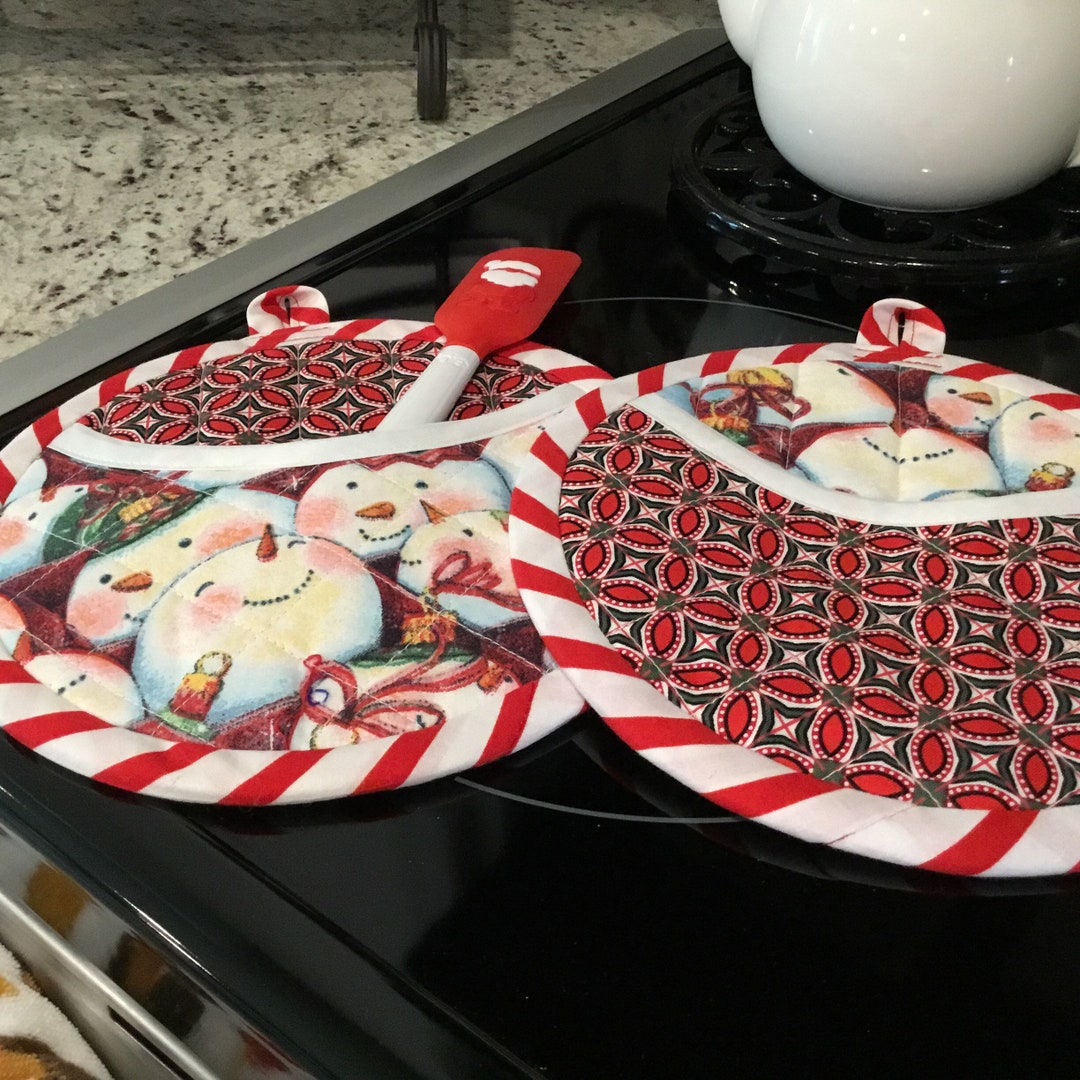 Snowman Potholders Handmade Quilted With Pocket Peppermint Etsy