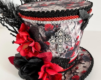 Gothic Skeleton Top Hat Wreath Attachment – Handmade Halloween Decor – Red & Black Victorian Hat – Designer Wreath Accent – Gothic Glam Door