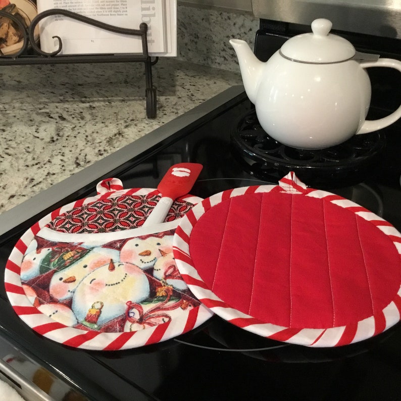 Snowman Potholders Handmade Quilted With Pocket Peppermint Etsy