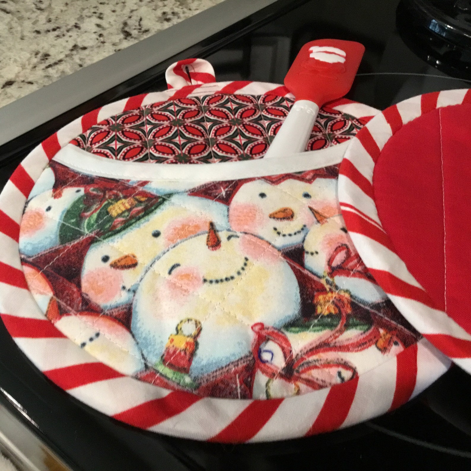 Snowman Potholders Handmade Quilted With Pocket Peppermint Etsy