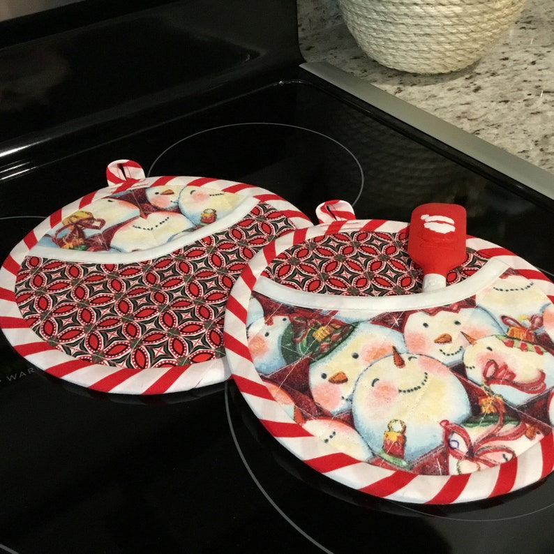Snowman Potholders Handmade Quilted With Pocket Peppermint Etsy