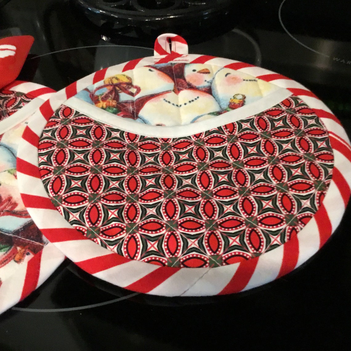 Snowman Potholders Handmade Quilted With Pocket Peppermint Etsy