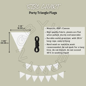 Puede incluir: Banderines de fiesta triangulares blancos con una cuerda negra. Los banderines tienen 18 cm de ancho y 20 cm de alto. La cuerda tiene 100 cm de largo. Los banderines están hechos de 100% lona y son fáciles de colgar.