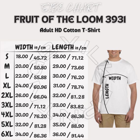 Fruit of the Loom 3901 Size Chart | Size Chart for Adult HD Cotton