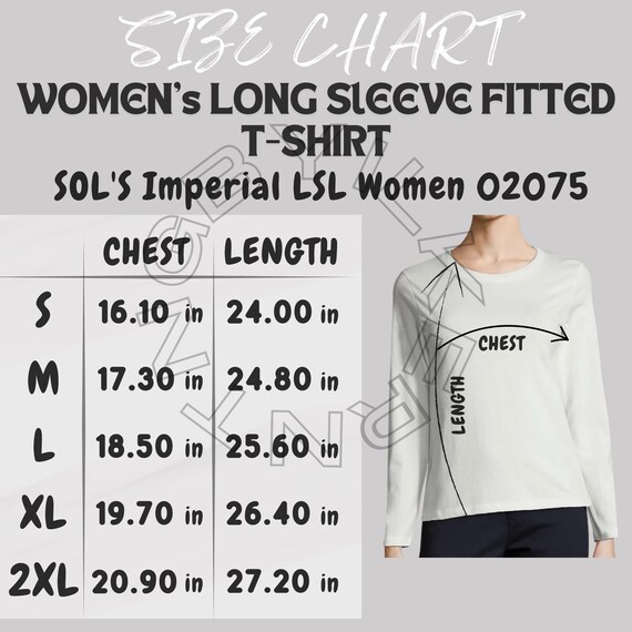 SOLS Imperial LSL Women 02075 Size Chart | Women's Long Sleeve