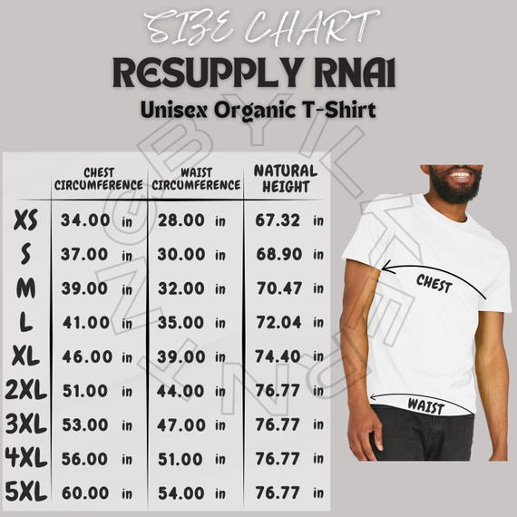 Unisex Organic T-shirt Size Chart - Resupply RNA1 Tee Size Chart