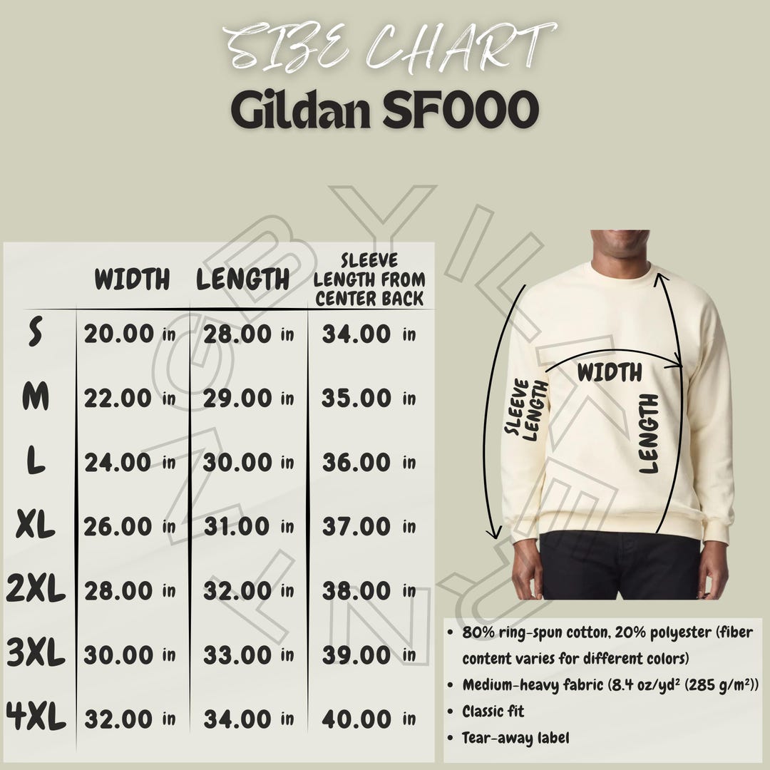 Gildan SF000 Size Chart Gildan SF000 Mockup and Size Chart Gildan