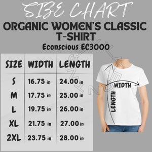 Econscious EC3000 Storlekstabell | Storlekstabell för ekologisk klassisk dam-T-shirt | Storlekstabell för modell av ekologisk klassisk dam-T-shirt