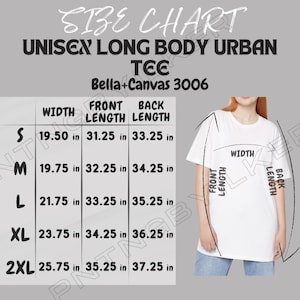 Tabla de tallas Bella+Canvas 3006 / Tabla de tallas para camiseta urbana unisex de cuerpo largo / Maqueta y tabla de tallas Bella Canvas 3006 / Tabla de tallas de camisetas